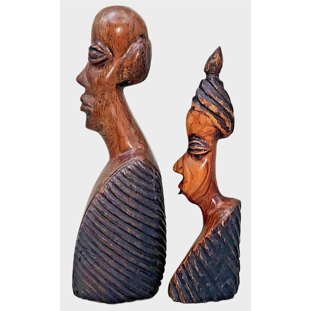 Amazing Hand Carved Wood Man & Woman Bust Figures 5-6" Tribal Ethnic African Vtg